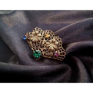 Vintage 1930s CZECHOSLOVAKIA Fan Brass Shaped Rhinestones Brooch Pin